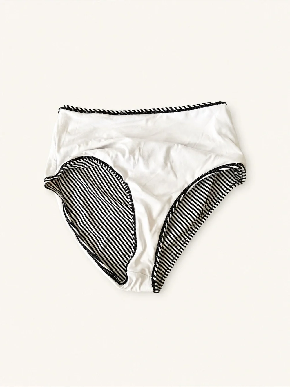 Ruffled Pale Pink Bikini Top with Black & White Striped High-Waist Bottoms
